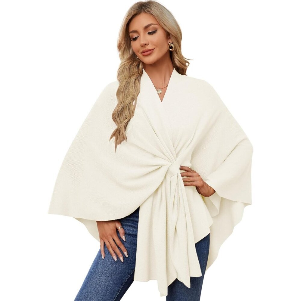 Women's Ivory White Elegant Open Poncho Sweater Spring Fall Winter Shawl Wraps